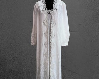 Vintage Italian Satin Set • White Bridal Nightdress & Peignoir • Jacquard Lace • Deadstock in Box • Size 46