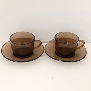 2 Vintage cappuccino / tea amber brown color glass cups with saucers, vintage France glass coffee cups, demitasse  cups with saucers