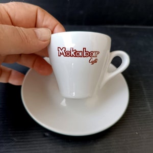 Collectible Vintage Italy classic &quot;Mocabar&quot; white porcelain bar&#39;s coffee cup  with saucer.