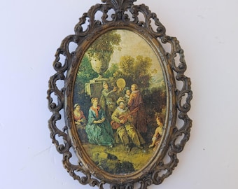 Brass Ornate Photo Frame with silkscreen Victorian scene, Art Nouveau Oval Frame, Wall Decor, Italian antiques wall hanging decoration