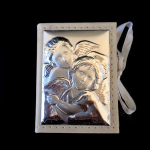 Vintage Rosary White glass beads, rosary 5 decade, gift box with silver plated angel image plate gift for prayer, Christian gift for newborn