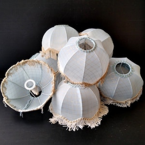 Vintage textile lampshades, medium size vintage light blue fabric shabby checkered design lampshades, shabby in storage unused lampshades