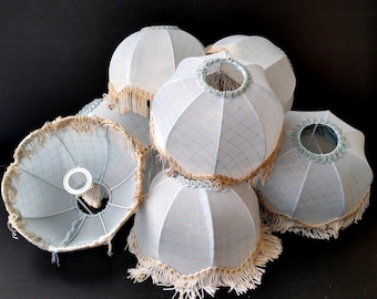 Vintage textile lampshades, medium size vintage light blue fabric shabby checkered design lampshades, shabby in storage unused lampshades