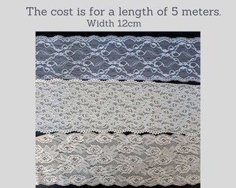 5 meters of stretch lace trim for sewing width 12cm, white/ beige elastic lace from the stock for lingerie and bra making, bridal lace