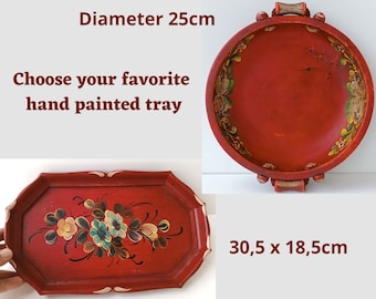Bandeja de servir italiana em madeira vermelha, bandeja de madeira vintage pintada à mão, peça central vermelha, decoração rústica para casa de campo, redonda/retangular