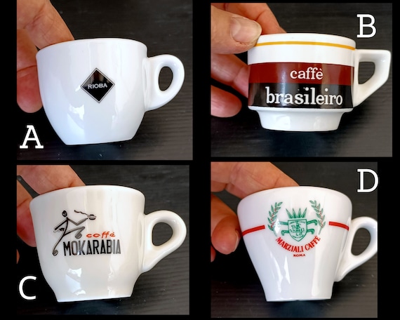 4 Arten italienische Kaffeebartassen, Vintage Espressotassen aus Italien Kaffee Mokalba, Brasiliero, Rioba, Marziali Kaffee