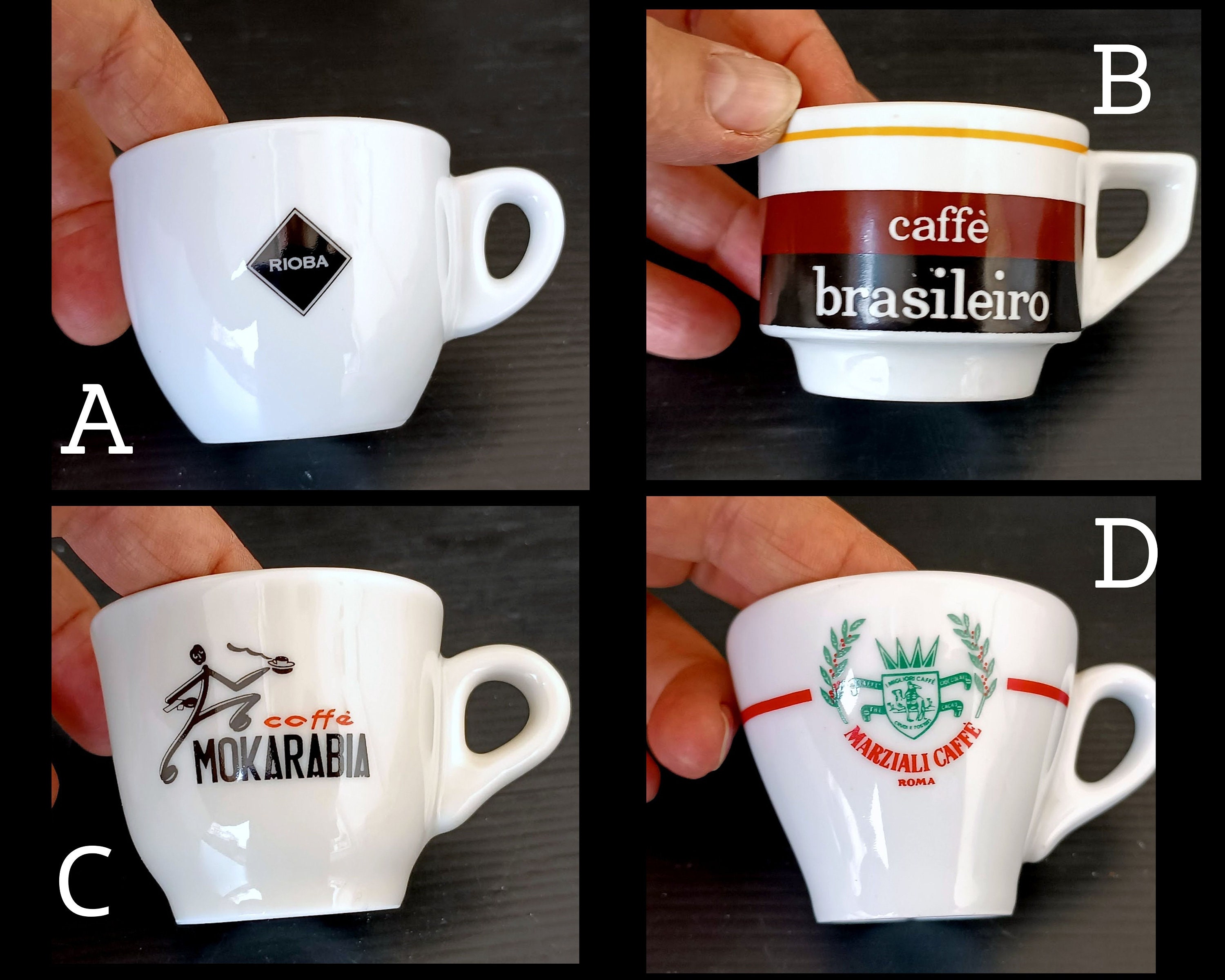 4 Arten italienische Kaffeebartassen, Vintage Espressotassen aus Italien Kaffee Mokalba, Brasiliero, Rioba, Marziali Kaffee