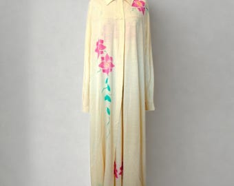 Conjunto de bata y camisón italianos color crema y rosa • Camisón y bata nuevos de stock antiguo • Lencería floral pintada a mano, talla S, camisón y bata nuevos de stock antiguo