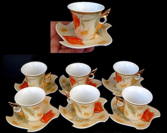 Set 6 of Vintage Bavarian Village Germany cups with saucers, espresso cups, extra fine porcelain coffee cups with floral pattern