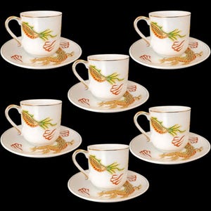 Japanese Geisha Lithophane Dragonware – Set of 6 Eggshell Cups & Saucers – Hand Painted Gold Dragon – Vintage Made in Japan