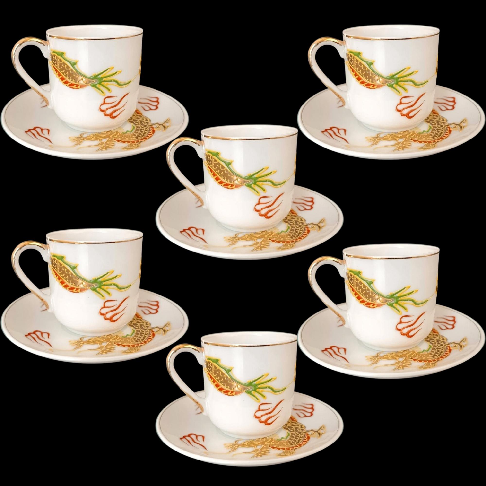 Japanese Geisha Lithophane Dragonware – Set of 6 Eggshell Cups