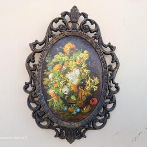 Messing verzieren Bild viktorianischen Stil, ovale Rahmen, Wand Dekor, italienische Antiquitäten auf Seide gedruckt Blumenbild gerahmt Bild 18 x 13 cm