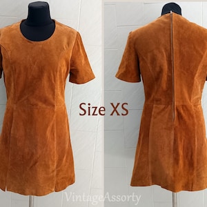 Vintage Italian women's autentic from 70s LEATHER SUEDE dress Camel color Genuine Suede brand Antica Pelleteria Italiana Retro Camel XS size