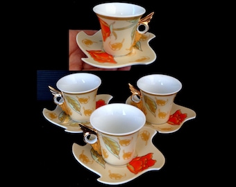 Set 3 of Vintage Bavarian Village Germany cups with saucers, espresso cups, extra fine porcelain coffee cups with floral pattern