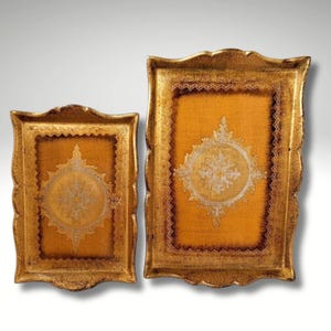 The pair of Traditional Florentine Tray, wedding gift golden/ orange colors hand paint wood baroque rococo tea board home decoration