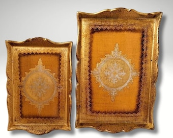 The pair of Traditional Florentine Tray, wedding gift golden/ orange colors hand paint wood baroque rococo tea board home decoration