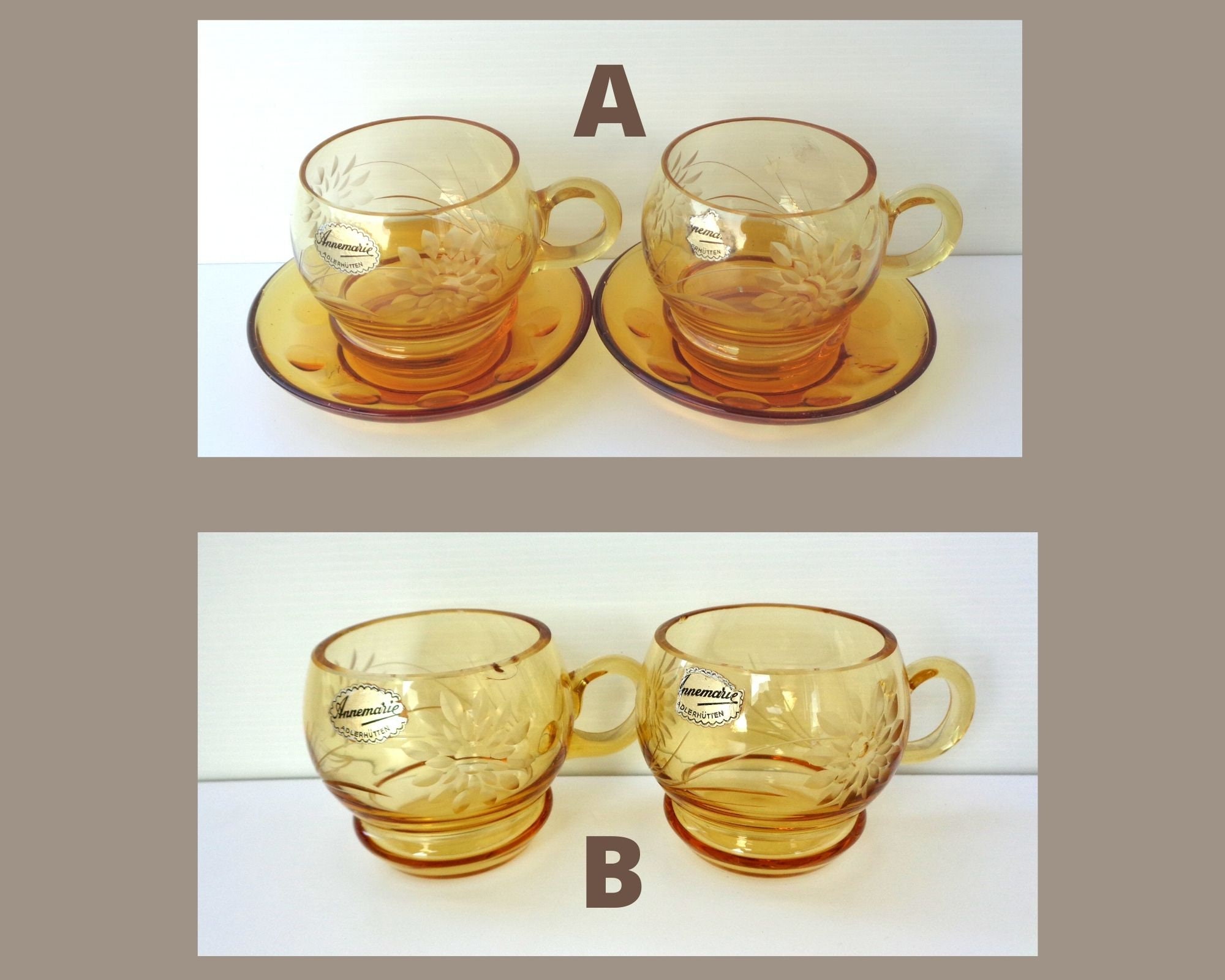 Six Amber Glass Espresso Cups With Metal Handles Faceted Gold