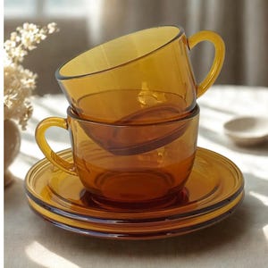 2 Vintage coffee/tea amber Vereco amber glass France Midcentury 70s vintage amber glass coffee cups, demitasse cups with saucers