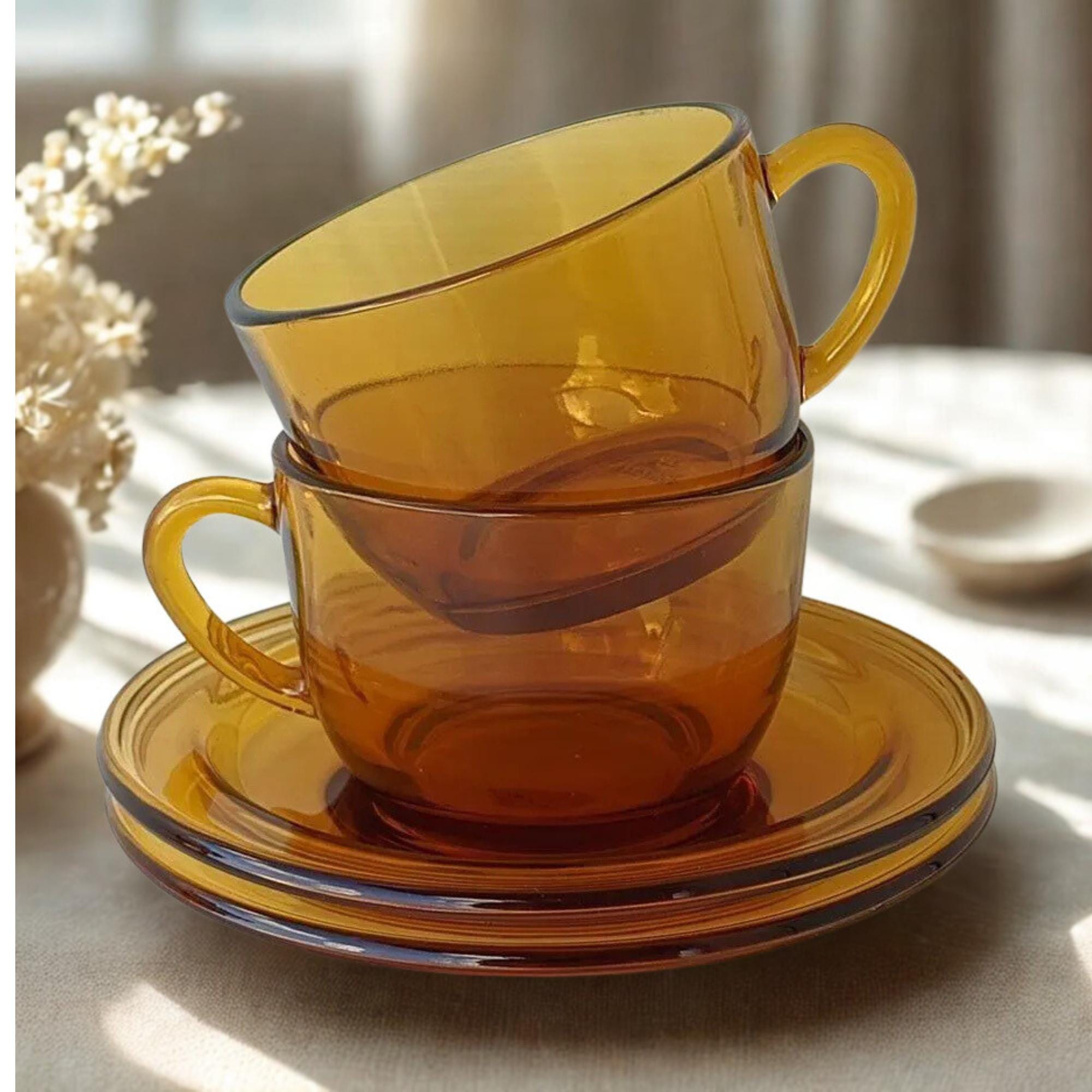 2 Vintage Coffee/tea Amber Vereco Amber Glass France Midcentury