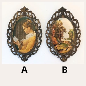 Cornici portafoto in ottone decorate con serigrafia raffigurante una donna o un paesaggio, cornice ovale in stile Art Nouveau, decorazione da parete antica italiana.
