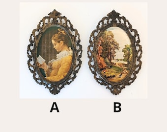 Brass Ornate Photo Frames with silkscreen Lady or Landscape Picture, Art Nouveau Oval Frame, Italian antiques Wall Hanging Decoration