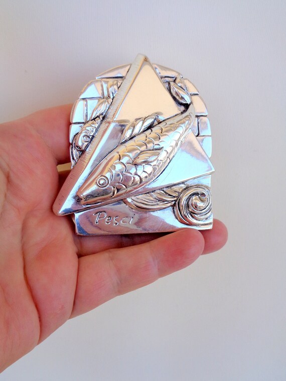 Beautiful Italian vintage sculpture Fish horoscope sign in silver plated symbol of prosperity, silver wedding favor, unisex gift