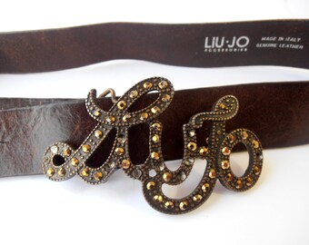 Vintage Liu Jo Brown Leather Belt with Crystal Logo Buckle – Made in Italy, Size L