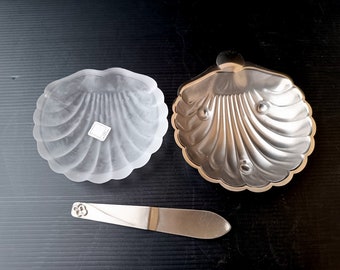 Vintage Italy bowl Dish shell shaped with Matte Glass Liner, Shell Shaped Dish, Caviar Dish, Seafood serve plate with knife in original box