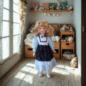 Vintage porcelain doll, The Heritage Mint Ltd. Collection Porcelain Doll 1989 Ceramic Porcelain Dressed blue