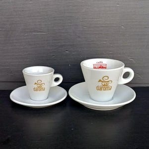 Tazze da caffè espresso/cappuccino italiane vintage da collezione, tazzine da caffè Aroma Palombini da bar in porcellana con piattino