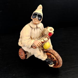 Pulcinella Craftmanship hand-painted Resin Statue Neapolitan, character Pulcinella on a motorcycle, Carnival mask, Souvenir of Naples