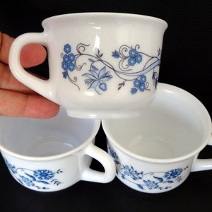 Set of 3 vintage Arcopal tea cups, white tea cups with blue floral design