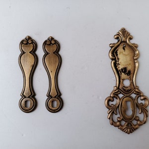 Può includere: Due rosette per buco della serratura in ottone ornate con un design decorativo e un solo foro per la chiave. Le rosette sono in finitura usurata e antica.