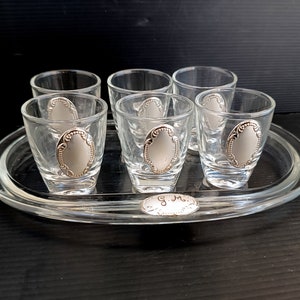Vintage Italy crystal tray 6 crystall glasses with silver laminated applique, drink italian liquore, Limoncello beakers, restautant decor