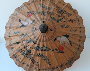 Vintage Chinese Umbrella, Vintage hand painting PARCHMENT Paper umbrella, Collectible Signed Chinese Art, Chinese Gift parchment parasol