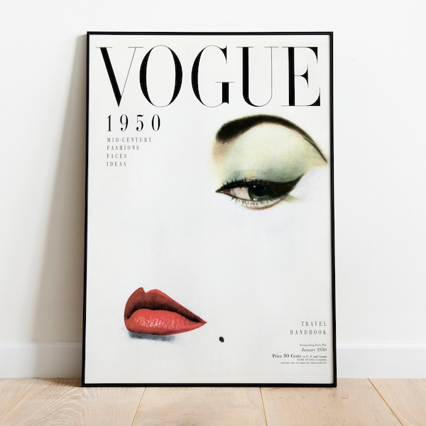 Affiche de couverture Vogue janvier 1950, photographie de visage de femme rétro, impression de photo de femme élégante, décoration d'intérieur, art mural