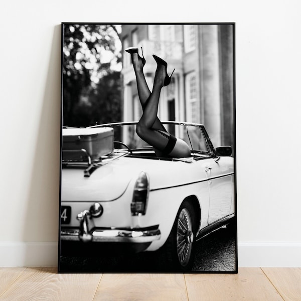 High Heels in Classic Car Poster High Heels Black and White Photo Woman Legs Photography Digital Print Gift Home Decor Wall Art