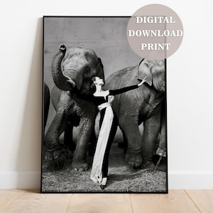 Dovima with the Elephants 1955 Digital Download Poster Black and White Instant Download Photo Print