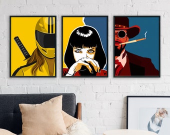 SET OF 3 Yellow and Blue Poster Graphic Photo Print Home Decor