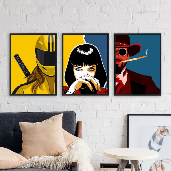 SET OF 3 Yellow and Blue Poster Graphic Photo Print Home Decor