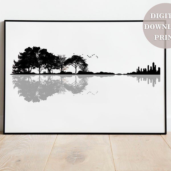 Guitar Drawing Nature and City Skyline Digital Download Poster Instant Download Photo Digital Print