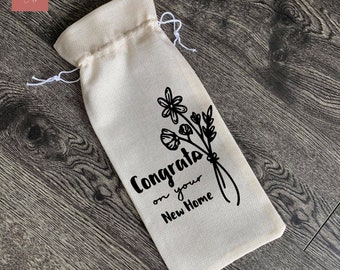 Congrats New Home Wine Gift Bag | Housewarming Reusable Drawstring Cloth Wine Tote Bag – Homeowner Eco-Friendly Wine Carrier – Wine Lover