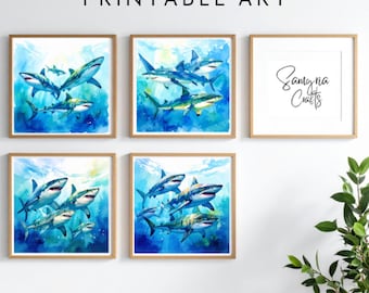 Stampe di squali ad acquerello - Arte per la cameretta dei bambini a tema oceano (set di 4 PNG scaricabili digitalmente)