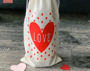 Polka Dot Love Wine Bag | Hostess Gift Idea | Wine Gift Bag | Drawstring Wine Bag | Wine Bottle Cover