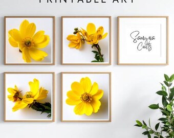 Yellow Flower Wall Art Prints (Set of 4) - Botanical Square Decor (Digital Download)