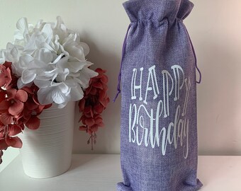 Lavender - Happy Birthday Wine Bottle Bag | Reusable Drawstring Cloth Wine Tote Bag – Eco-Friendly Wine Carrier – Wine Lover