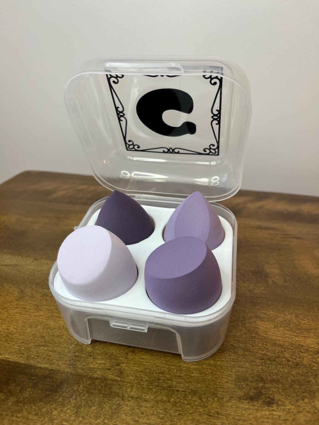 Initial Personalized Clear Storage Box With 4 Purple Makeup Sponges ...
