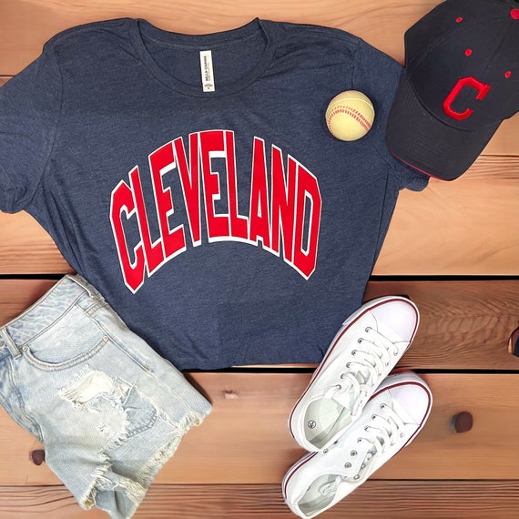 Cleveland Baseball, Heather Navy, Flowy crop top, comes in sizes Small - 2X. Weighing 3.7 oz, 65% polyester and 35% viscose.