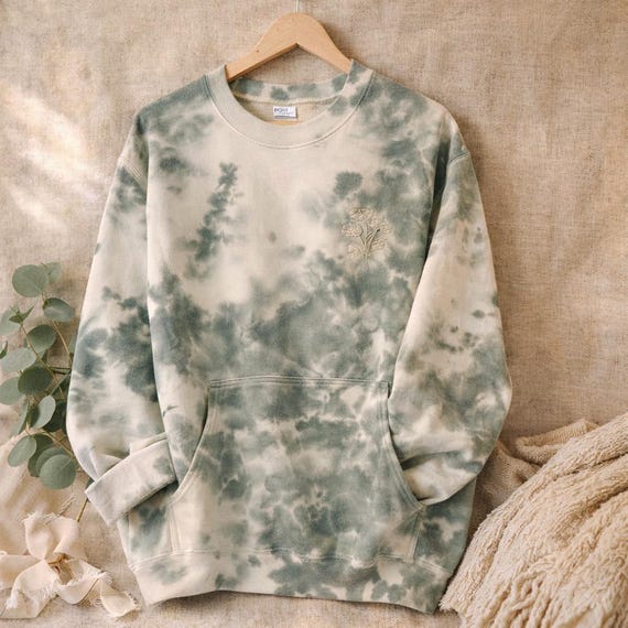 Sage Crumple Tie Dye Fleece Sweatshirt | Kangaroo Pocket, Unisex Pullover Loungewear