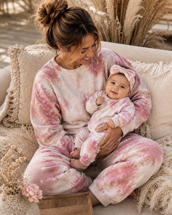 Mama and Mini Matching Set, Mommy and Me Outfit, Neutral Tie Dye Lounge Set, Matching Mom and Baby Sweatsuit